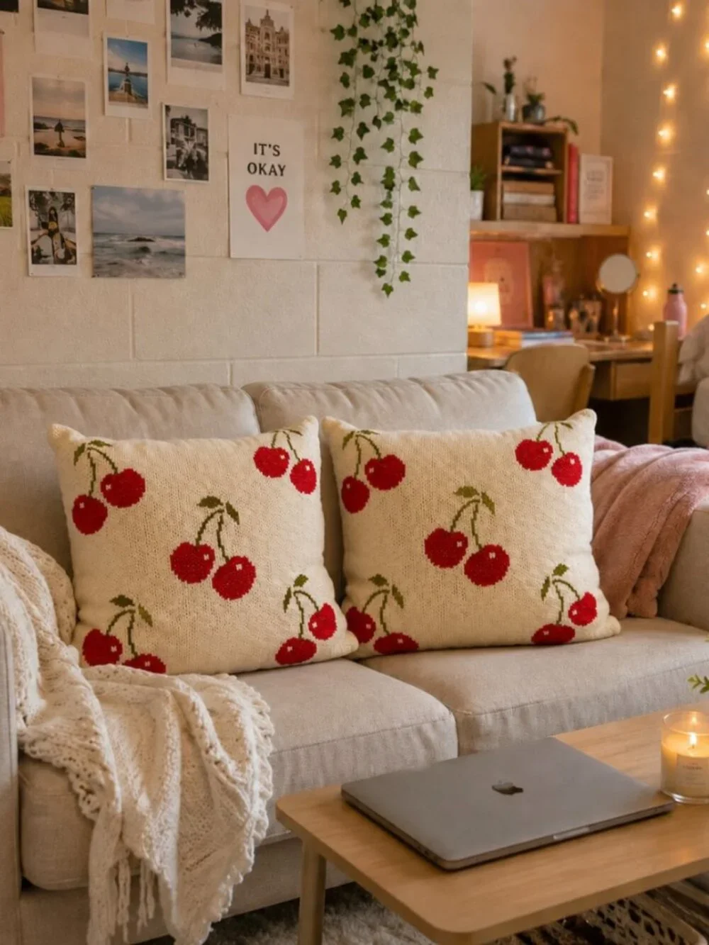 Style Happy Cherry Patterned - Set of 2 - Decorative Throw Pillows - 20 x 20 in